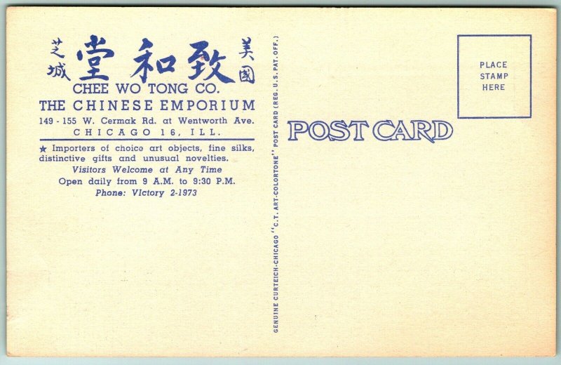 The Chinese Emporium Chee Wo Tong Co Chicago Illinois IL UNP Linen Postcard J6