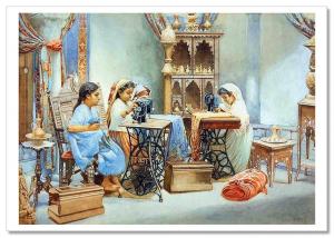 SEW ART~ LITTLE GIRLS & SEWING Machine India Oriental buffet Modern Postcard