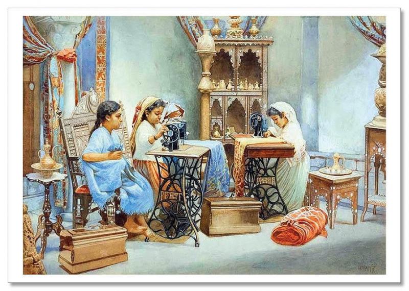 SEW ART~ LITTLE GIRLS & SEWING Machine India Oriental buffet Modern Postcard