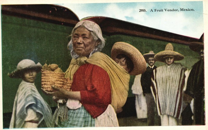 Vintage Postcard 1920's The Peon Women Fruit Vendor at Railroad Station Mexico