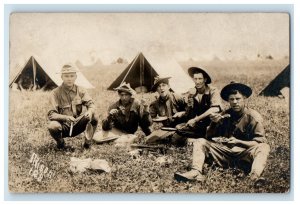 c1910's US Army Soldiers Camping Cooking Indiana IN RPPC Photo Allison Postcard