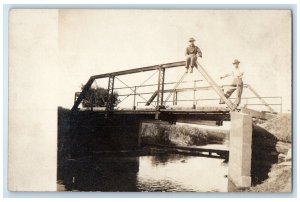 c1910's Two Men Hanging Out On Creek Bridge RPPC Photo Posted Antique Postcard