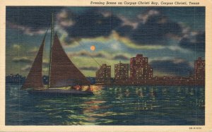 USA Evening Scene Corpus Christi Bay Corpus Christi Texas Linen Postcard 03.34