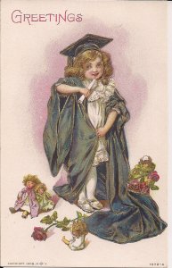 GRADUATION CONGRATULATIONS Greeting, Girl in Cap & Gown, Dolls, 1908 Embossed