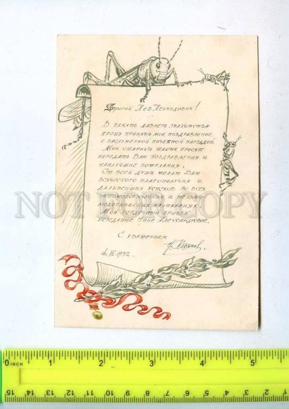 256206 USSR 1952 year grasshopper hand paint Entomologist card