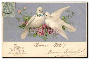 Old Postcard Fantasy Flowers Doves