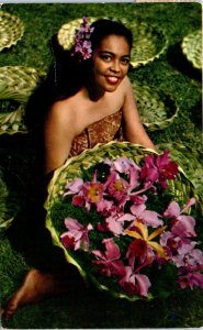 1950s Island Purple Orchids Lady with Flowers Hawaii HI Postcard