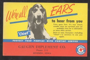 DENISON IOWA GAUGHIN IMPLENT CO. PONTIAC DEALER DOG CHIEF VINTAGE POSTCARD