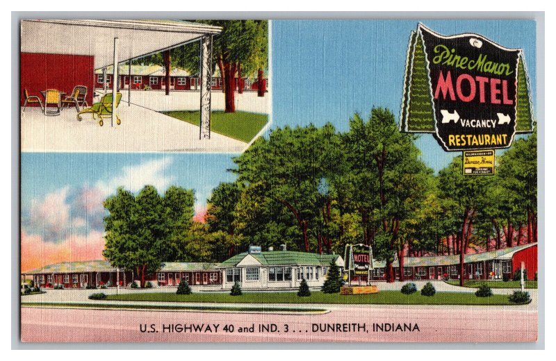 Postcard IN Pine Manor Motel And Restaurant Dunreith Indiana