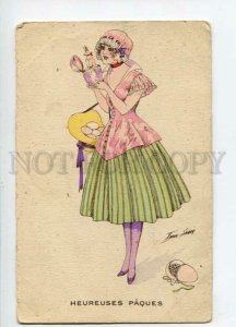 3111723 EASTER Lady w/ RABBIT Egg by SAGER vintage ART NOUVEAU