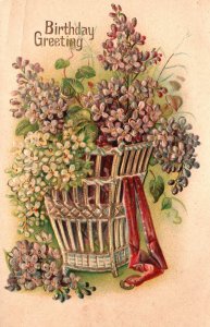 Vintage Postcard 1910's Birthday Greeting Tiny Petals Flower Basket Design Card