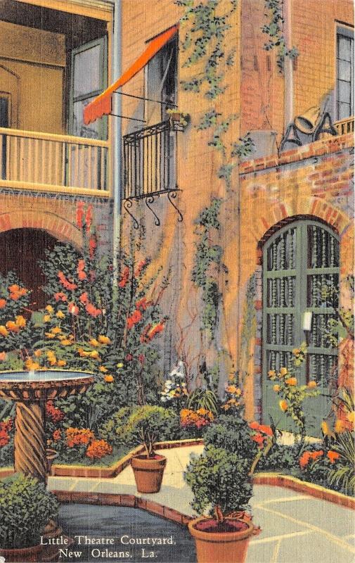 New Orleans Louisiana~Little Theatre Courtyard~Birdbath~Lots of Flowers~1951