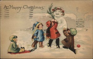 Christmas Children Build Snowman Sledding Gibson c1900s-10s Postcard