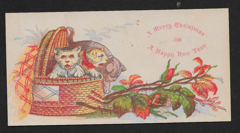 VICTORIAN TRADE CARD Merry Christmas & Happy New Year Cats in Basket