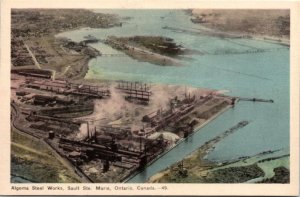 Postcard ON Sault Ste. Marie Aerial View Algoma Steel Works USA Bridge 1940s K74