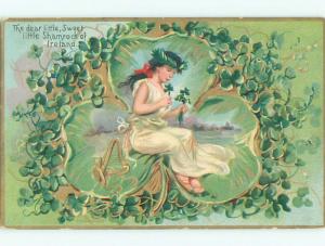 Pre-Linen st. patrick's art nouveau PRETTY GIRL WEARING IVY LEAVES ON HEAD J4117