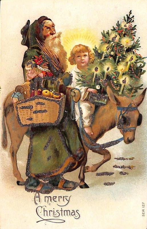 Merry Christmas Green Robed Santa Claus Donkey Child w/ Tree Number 127 Postcard