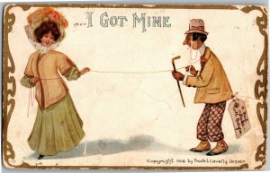 Woman Leads Man by String, I Got Mine Vintage Postcard D43