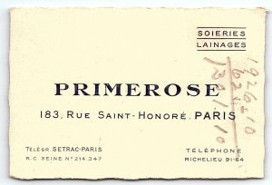 1930s PRIMEROSE PARIS FRANCE SILKS WOOLENS LAINAGES ADVERTISING CARD Z5502