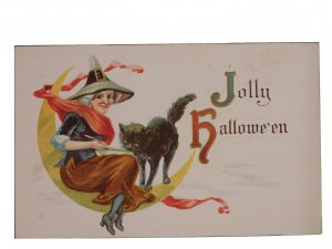 1900s Halloween Jolly Witch, Black Cat, and Crescent Moon Postcard