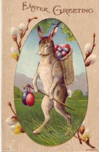 EASTER GREETING - WALKING RABBIT PUSSY WILLOWS 1911
