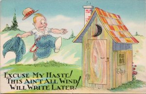 Excuse My Haste Man Running to Outhouse Bathroom Out House Comic Postcard H21