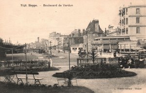 Vintage Postcard Dieppe Boulevard De Verdun Park Roadway Buildings France