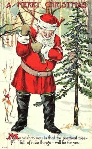 C.1910 Odd Santa Chopping Down Tree Christmas Victorian Postcard F36