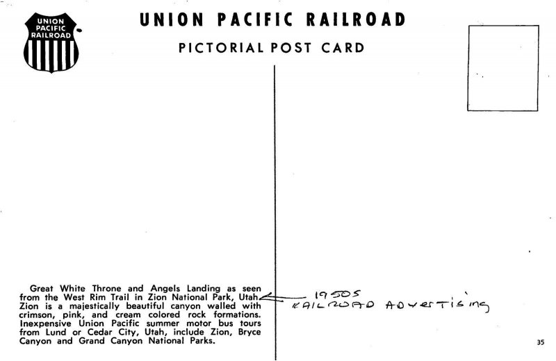 Postcard 1950s Railroad advertising West Rim Trail Zion National Park 23-12711