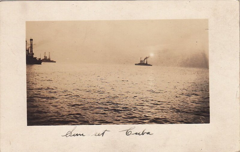 Postcard RPPC Ships Sunset Cuba