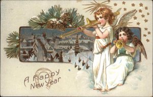 New Year - Angel Cherub Children Blow Horns Over Village c1910 Postcard #8091