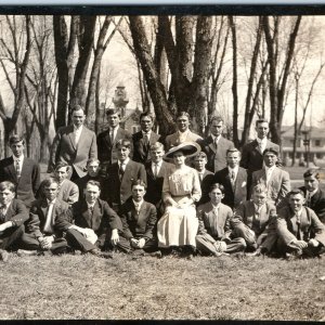 1912 Easter Sunday RPPC Group of Men & One Woman Real Photo Postcard Church A147