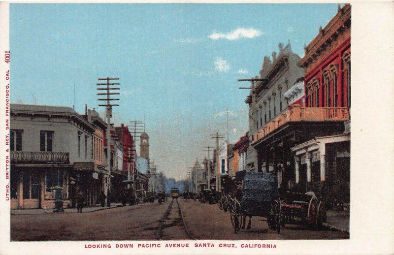 Looking Down Pacific Ave., Santa Cruz, California, Early Postcard, Unused