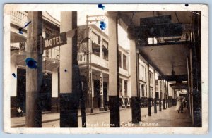 1940's WWII RPPC COLON PANAMA STREET SCENE SIGNS BARBER POLE REAL PHOTO POSTCARD