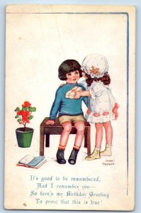 c1910's Birthday Greetings Children With Gift Isabel Hudson Signed Postcard
