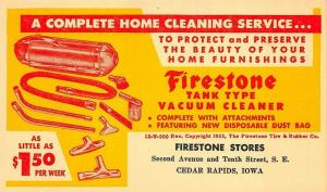 Cedar Rapids IA Firestone Stores Vacuum Cleaner Service Advertising Postal Card.