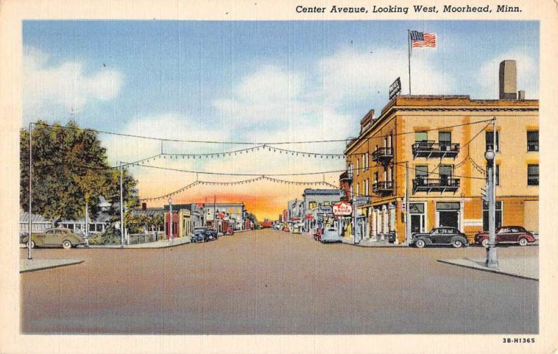 Moorhead Minnesota Center Ave Street Scene Store Fronts Antique Postcard K43368