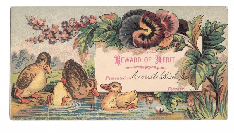 Victorian 2 Reward of Merit Cards Ducks Turkeys Sled Ernest Bishop Chromo Litho