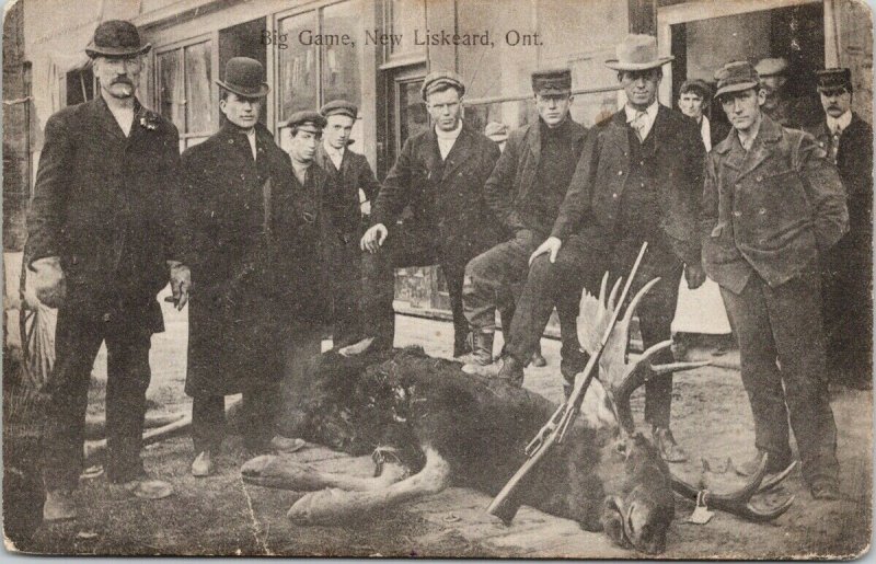 New Liskeard ON Men w/ Dead Moose Hunters Gun Miles Houck Postcard E63 *as is