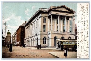 1907 Post Office Building Trolley Kid People On Street Road Portland ME Postcard 