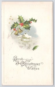Holiday~Best Christmas Wishes~Holly Berries~Gold Bells~Village~Stars~PM 1908 PC