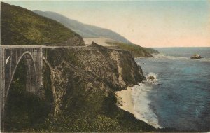 Hand-Colored Postcard; CA Hwy 1 Rainbow Bridge North of River Inn, Big Sur CA