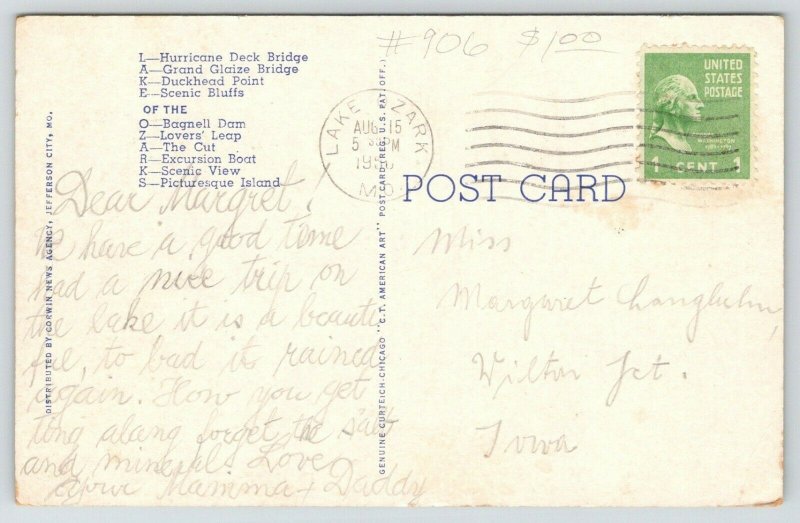 Lake of the Ozarks Missouri~Dam-Hurricane Deck Bridge-1956 Large Letter Linen 