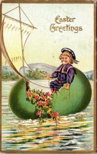Easter Greetings, Child Sailing in Egg Shell, Embossed c1910 Vtg Postcard J05