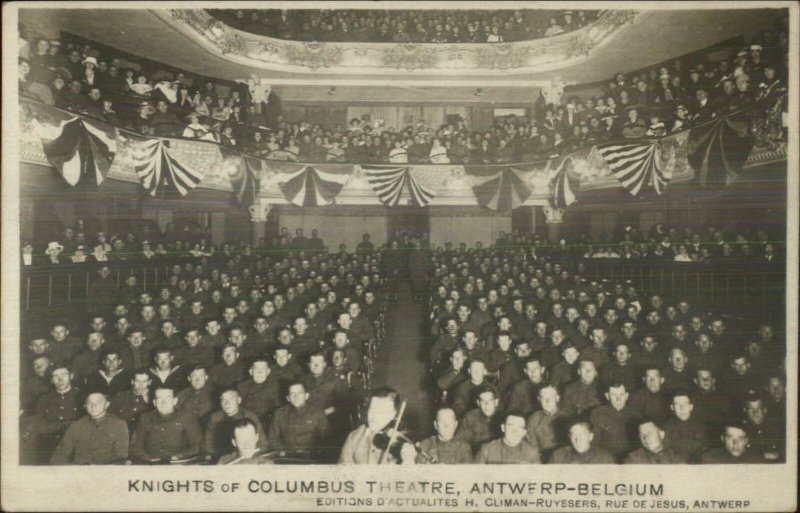 Knights of Columbus Theatre Antwerp Belgium WWI Soldiers Real Photo Postcard