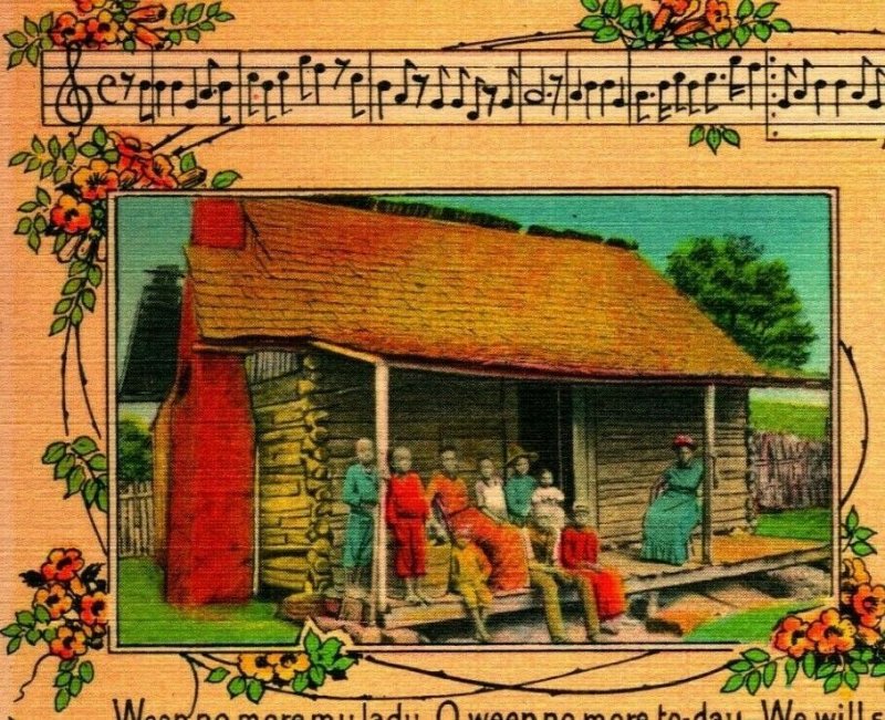 My Old Kentucky Home Song Lyrics Vintage Linen Postcard UNP Family on Porch