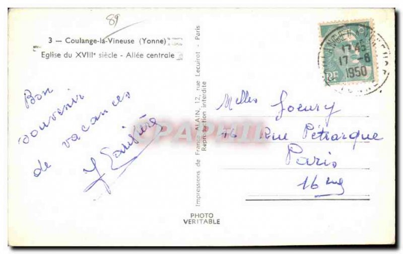 Old Postcard Coulange la Vineuse Church Central Allee