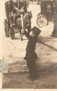 Police boy atopping hrse cart Old vintage French photo postcard