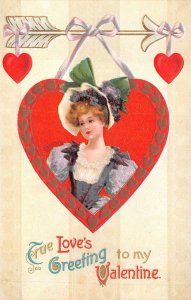 VALENTINE HOLIDAY WOMAN HEART TRUE LOVE GREETINGS EMBOSSED POSTCARD (c. 1909)