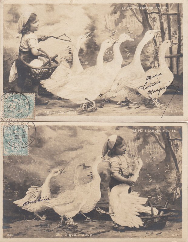 France the little bird keeper unit of 2 photo postcards 1905